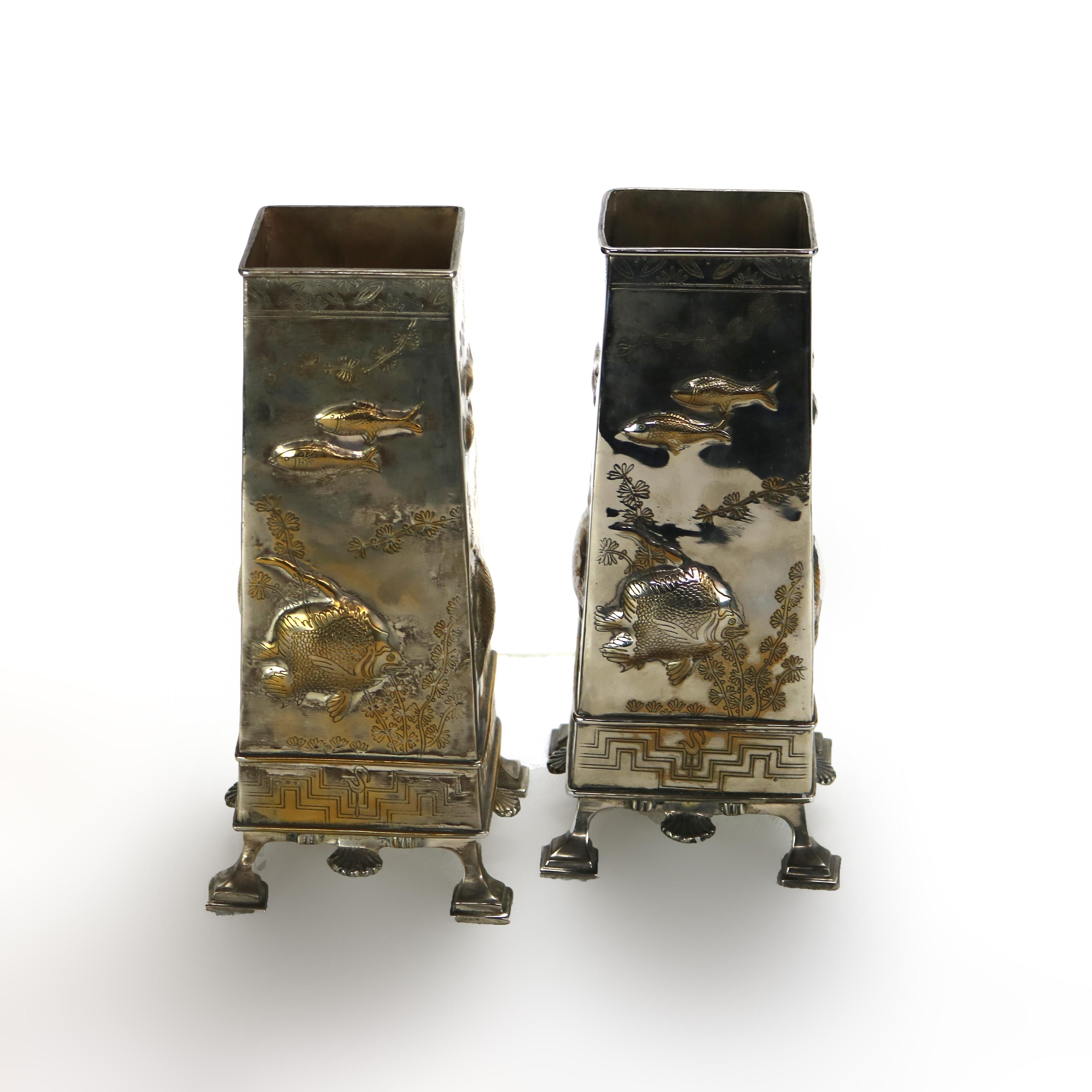 19th Century Pair of Antique Aesthetic Silver Plated Figural Fish Vases C1870