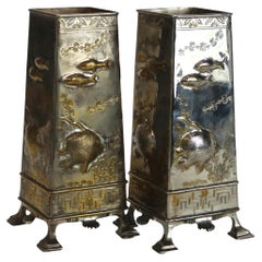 Pair of Antique Aesthetic Silver Plated Figural Fish Vases C1870