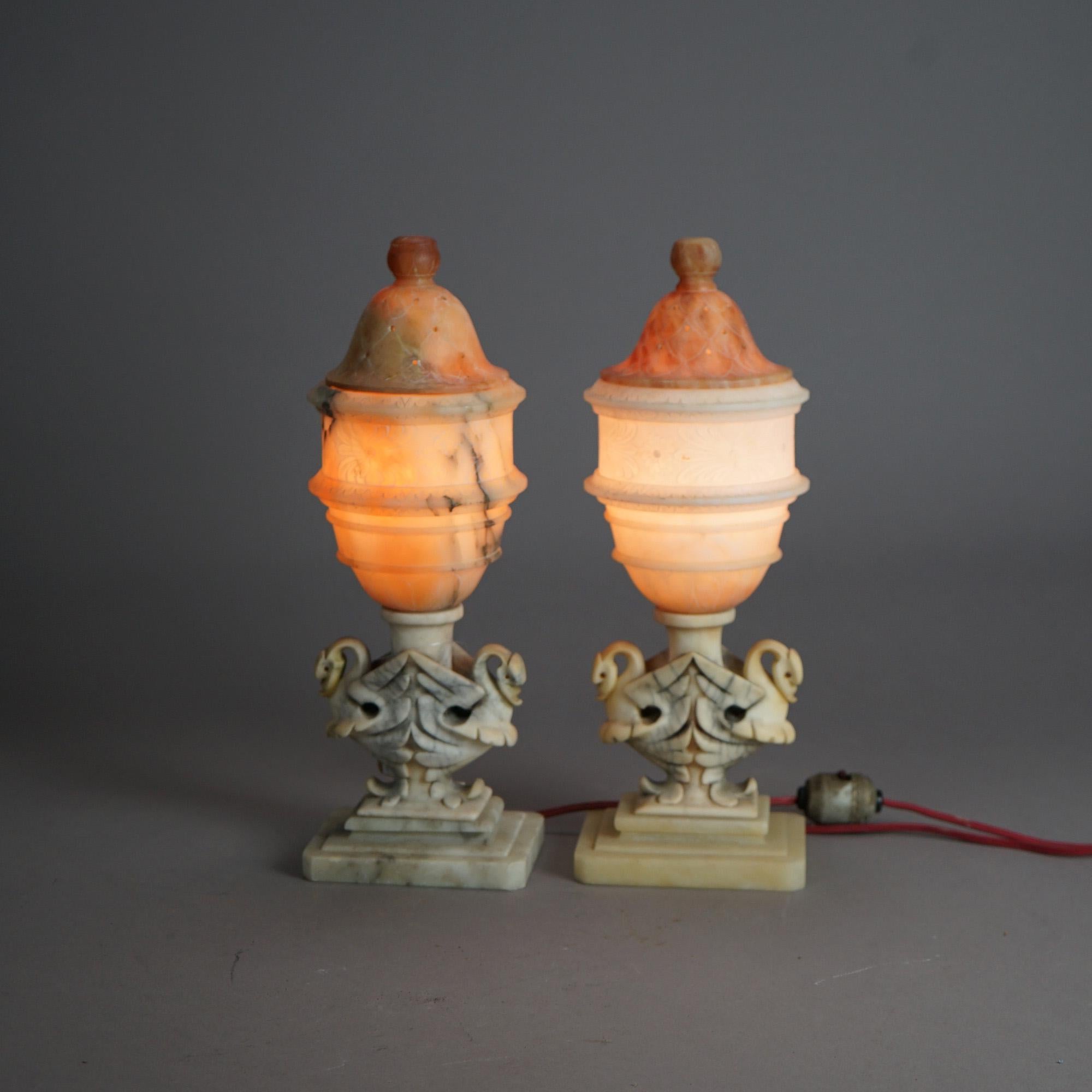 Carved  Pair of Antique Alabaster Figural Swan Boudoir Table Lamps C1920