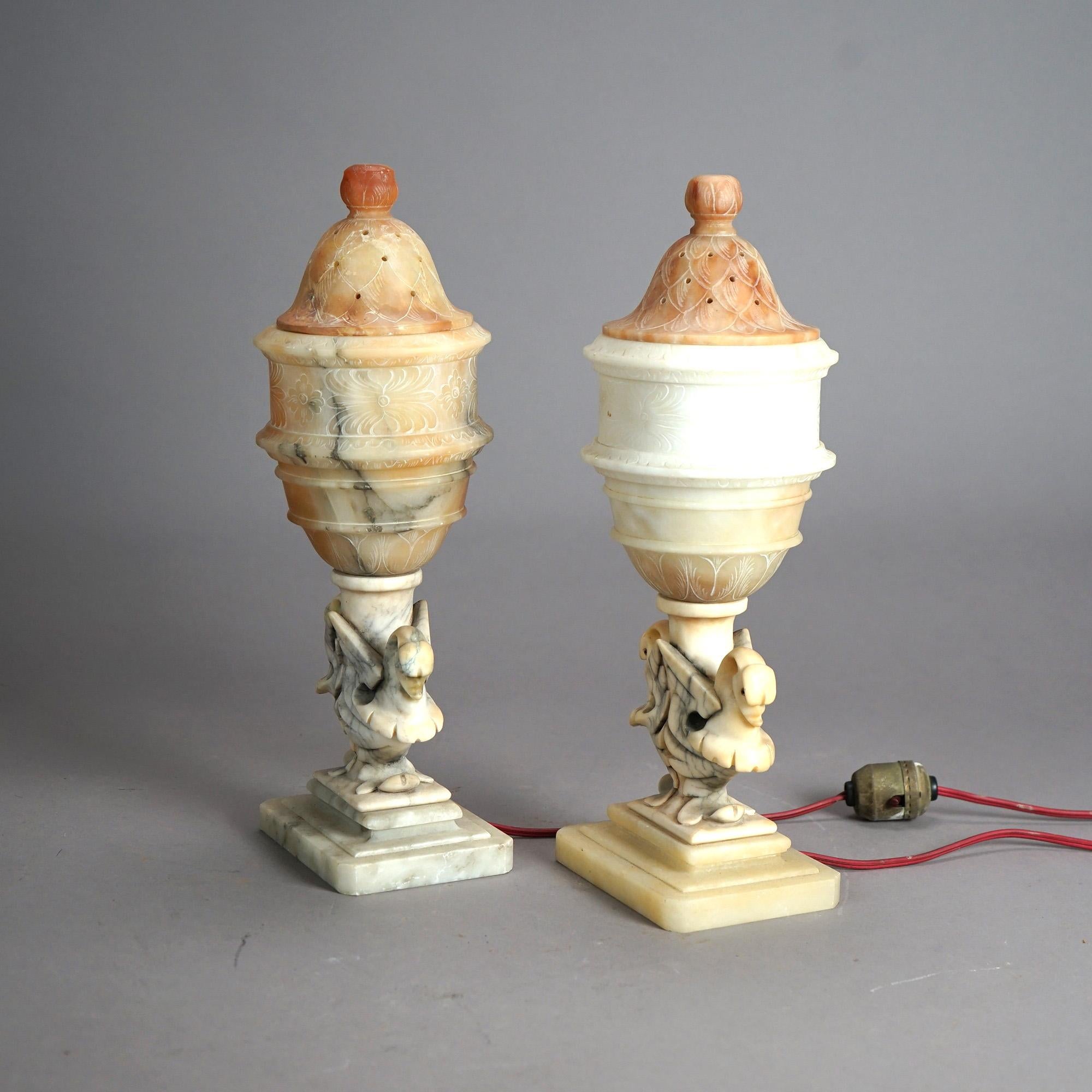  Pair of Antique Alabaster Figural Swan Boudoir Table Lamps C1920 In Good Condition In Big Flats, NY