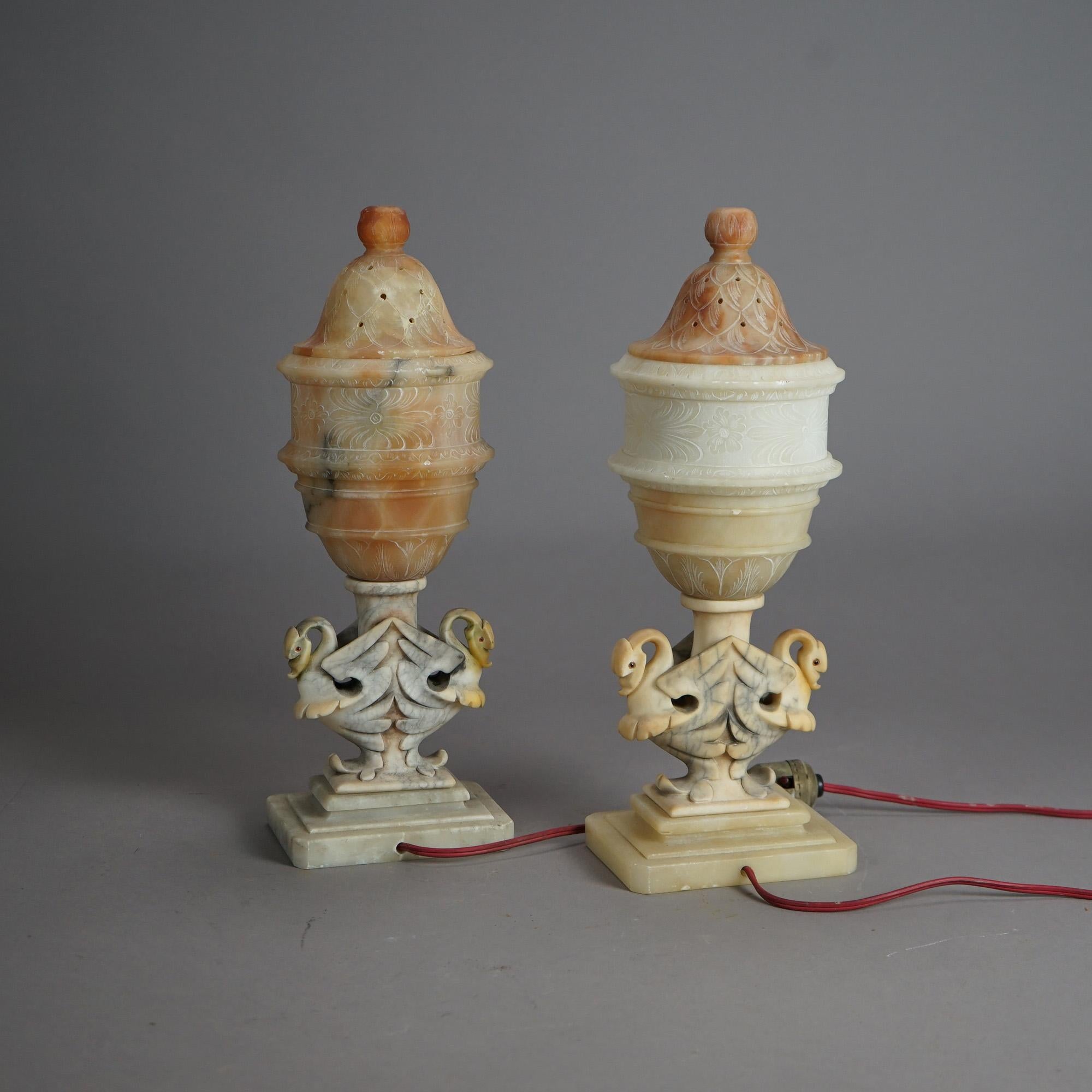 19th Century  Pair of Antique Alabaster Figural Swan Boudoir Table Lamps C1920