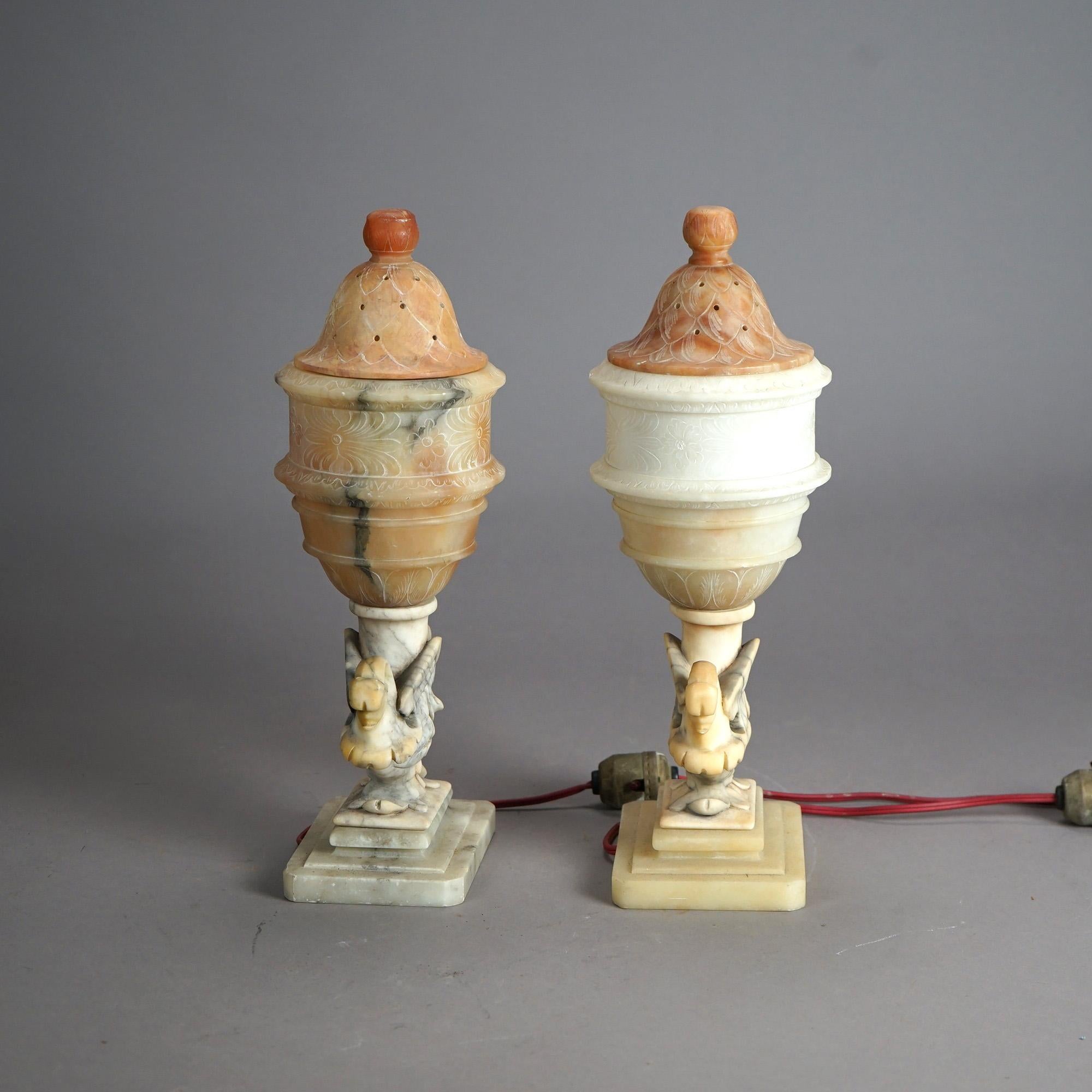  Pair of Antique Alabaster Figural Swan Boudoir Table Lamps C1920 1