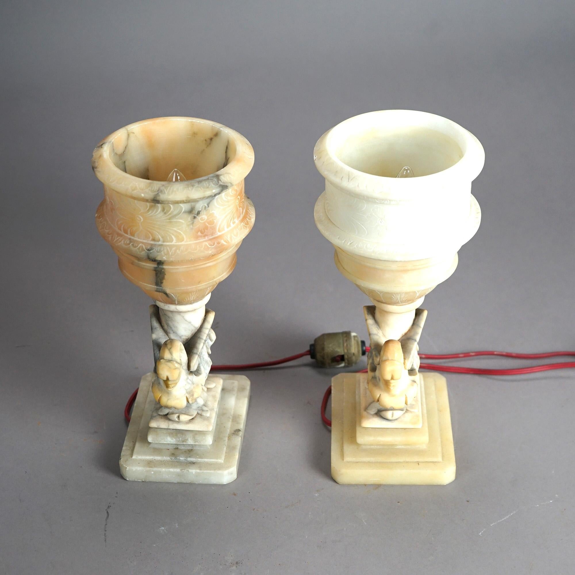  Pair of Antique Alabaster Figural Swan Boudoir Table Lamps C1920 2