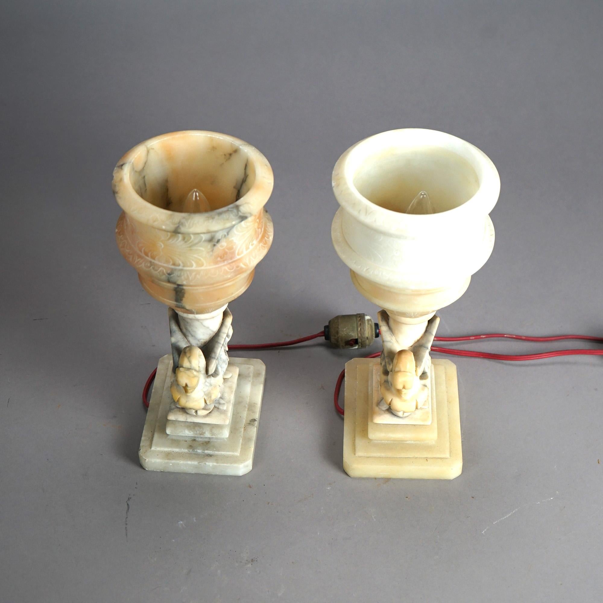  Pair of Antique Alabaster Figural Swan Boudoir Table Lamps C1920 3
