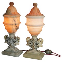  Pair of Antique Alabaster Figural Swan Boudoir Table Lamps C1920