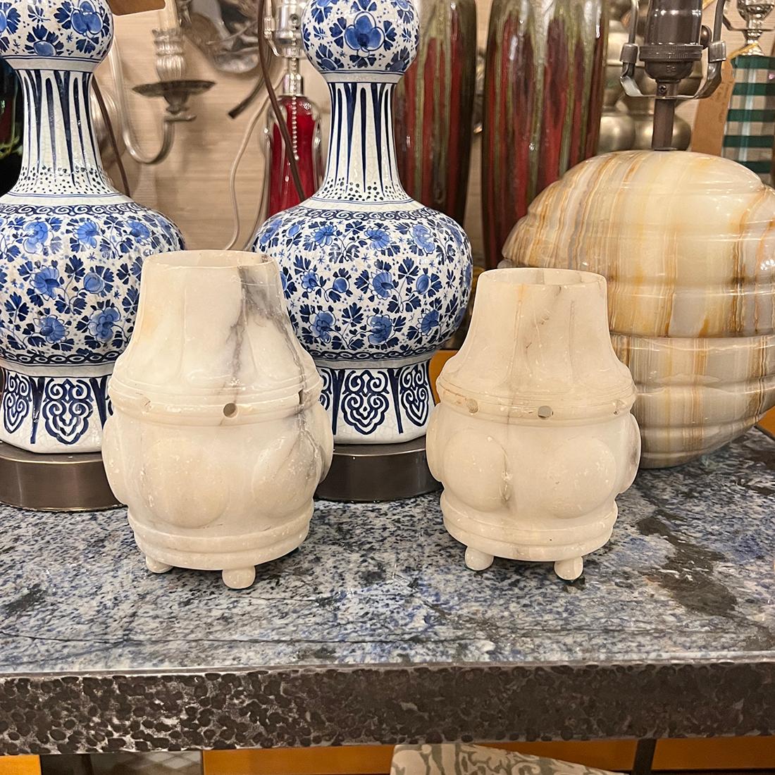 Carved Pair of Antique Alabaster Lamps For Sale