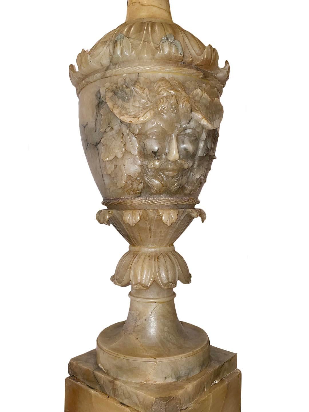 Carved Pair of Antique Alabaster Vases on Stands For Sale