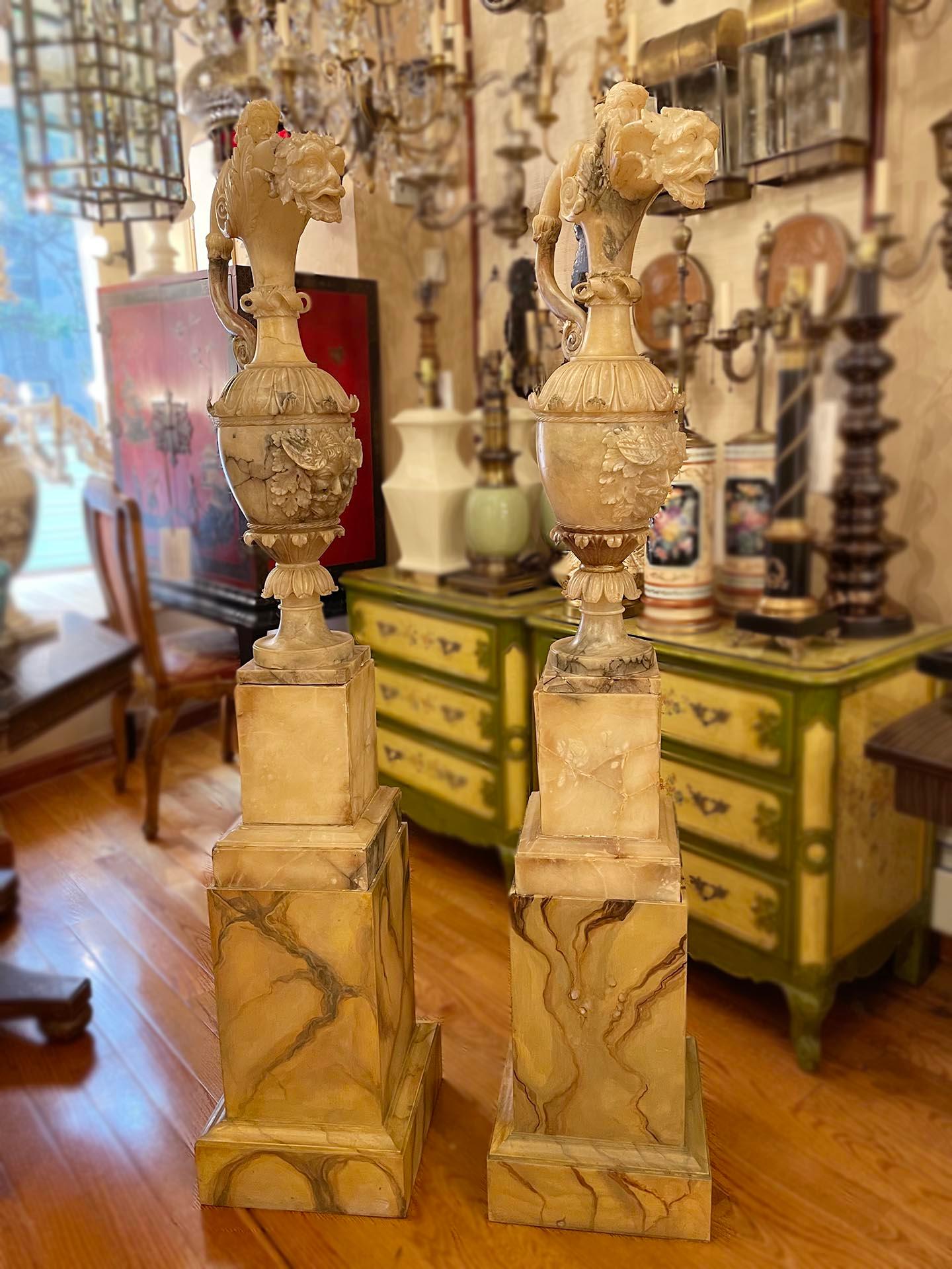 Pair of Antique Alabaster Vases on Stands For Sale 1