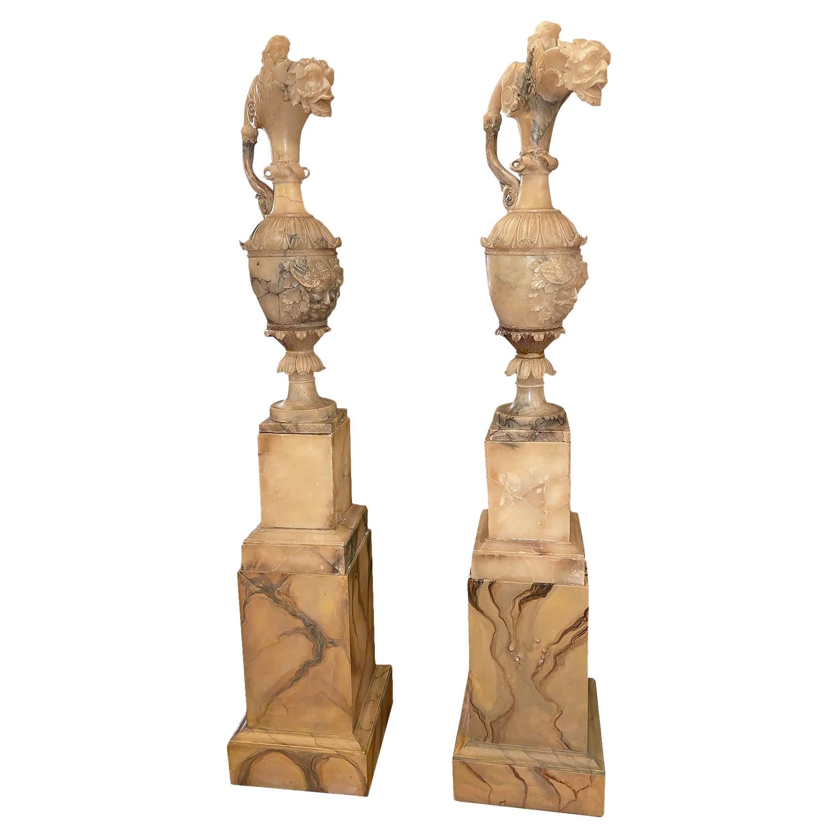 Pair of Antique Alabaster Vases on Stands For Sale