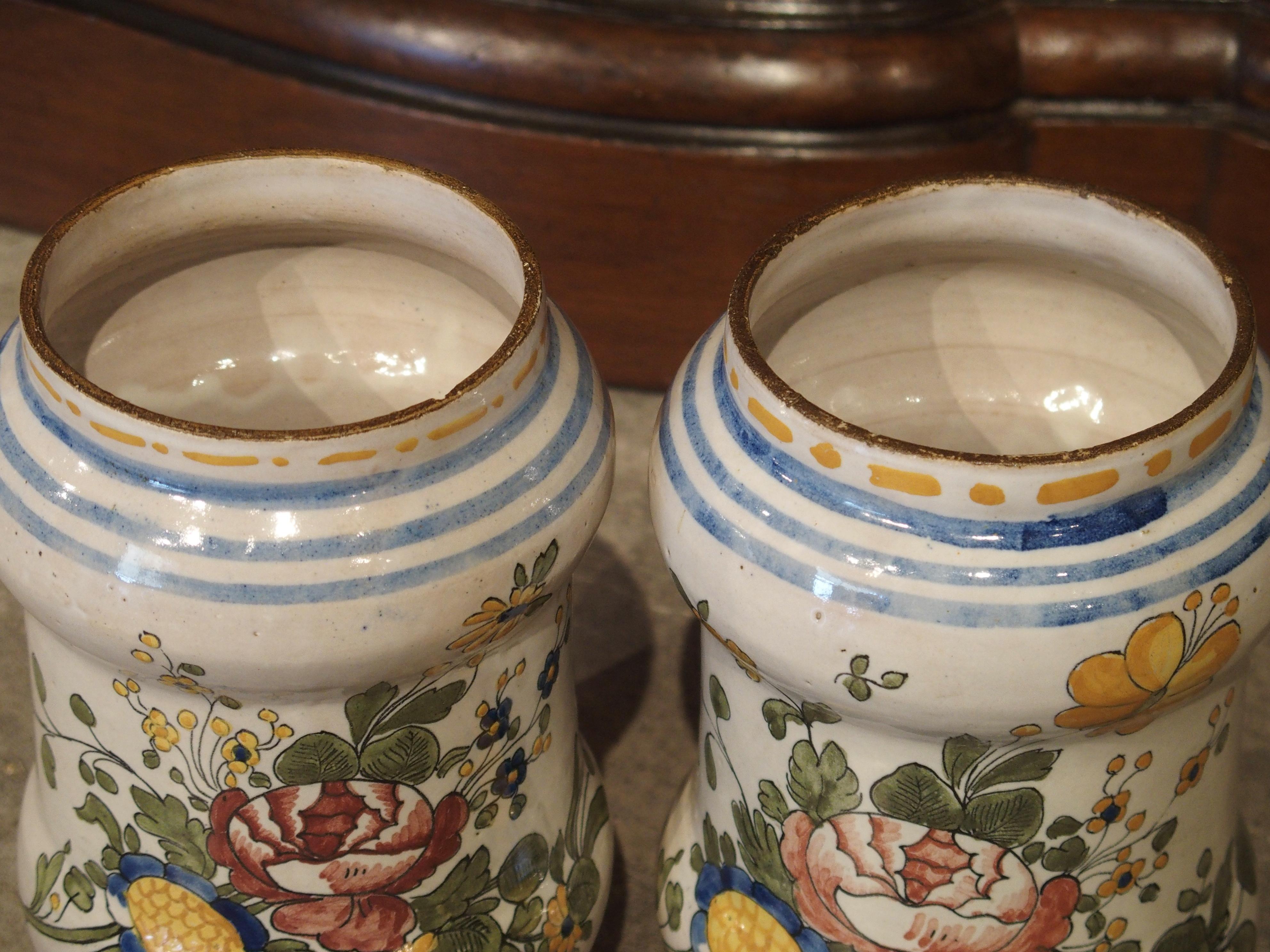 Hand-Painted Pair of Antique Albarello Apothecary Jars from Italy