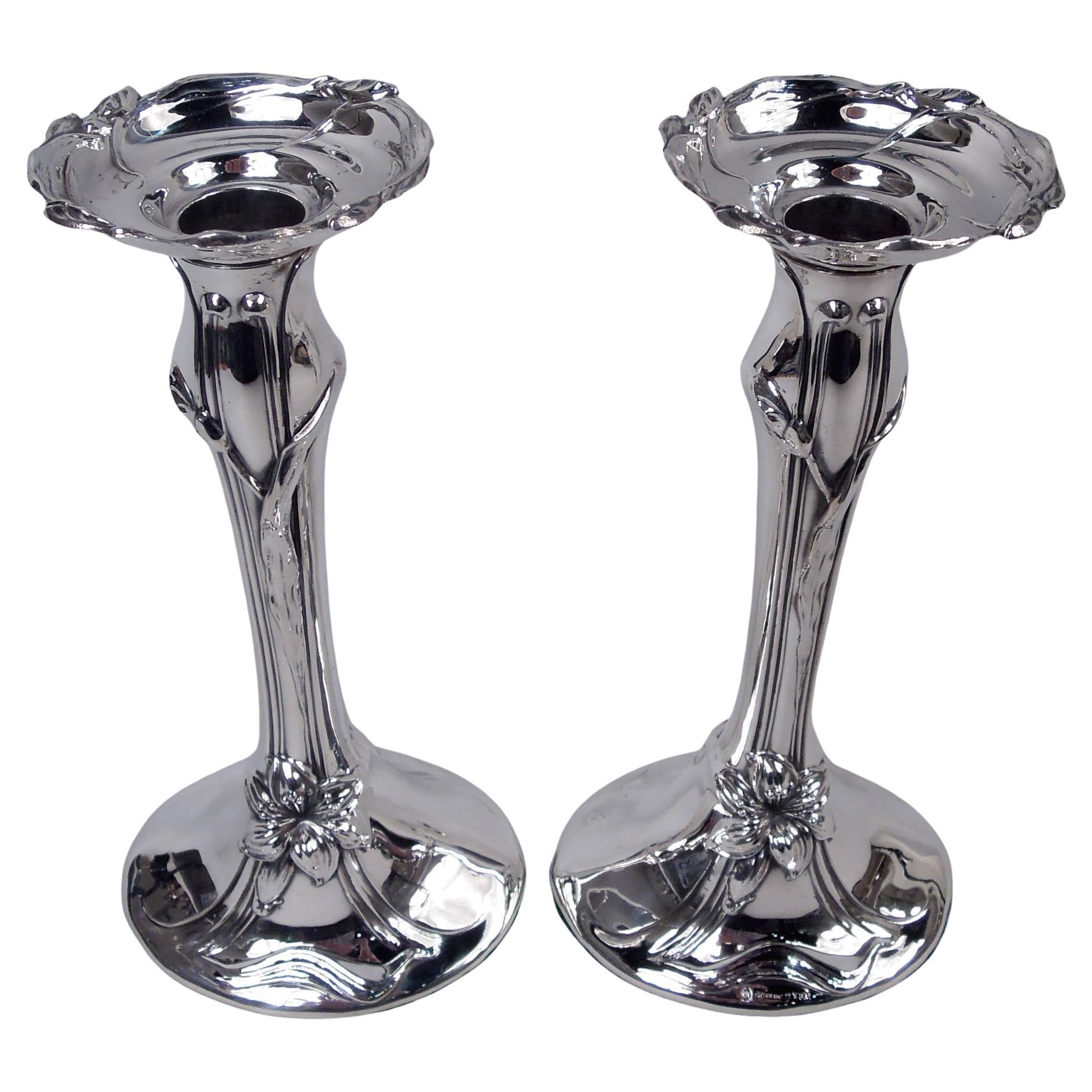 Pair of Antique American Art Nouveau Sterling Silver Candlesticks For Sale