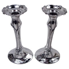 Pair of Antique American Art Nouveau Sterling Silver Candlesticks