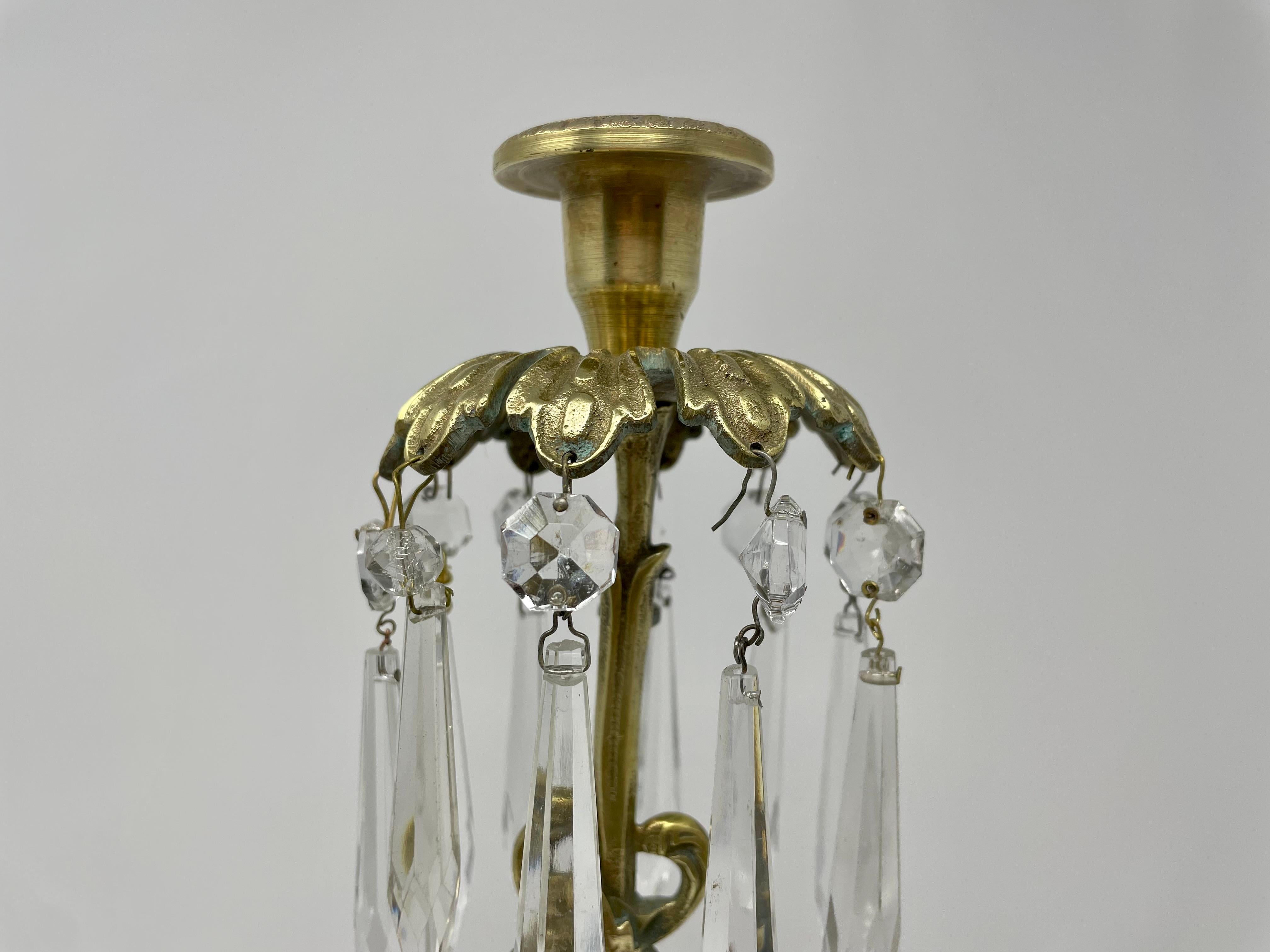 Pair of Antique American Brass and Crystal Candle Holders circa 1900 In Good Condition For Sale In New Orleans, LA