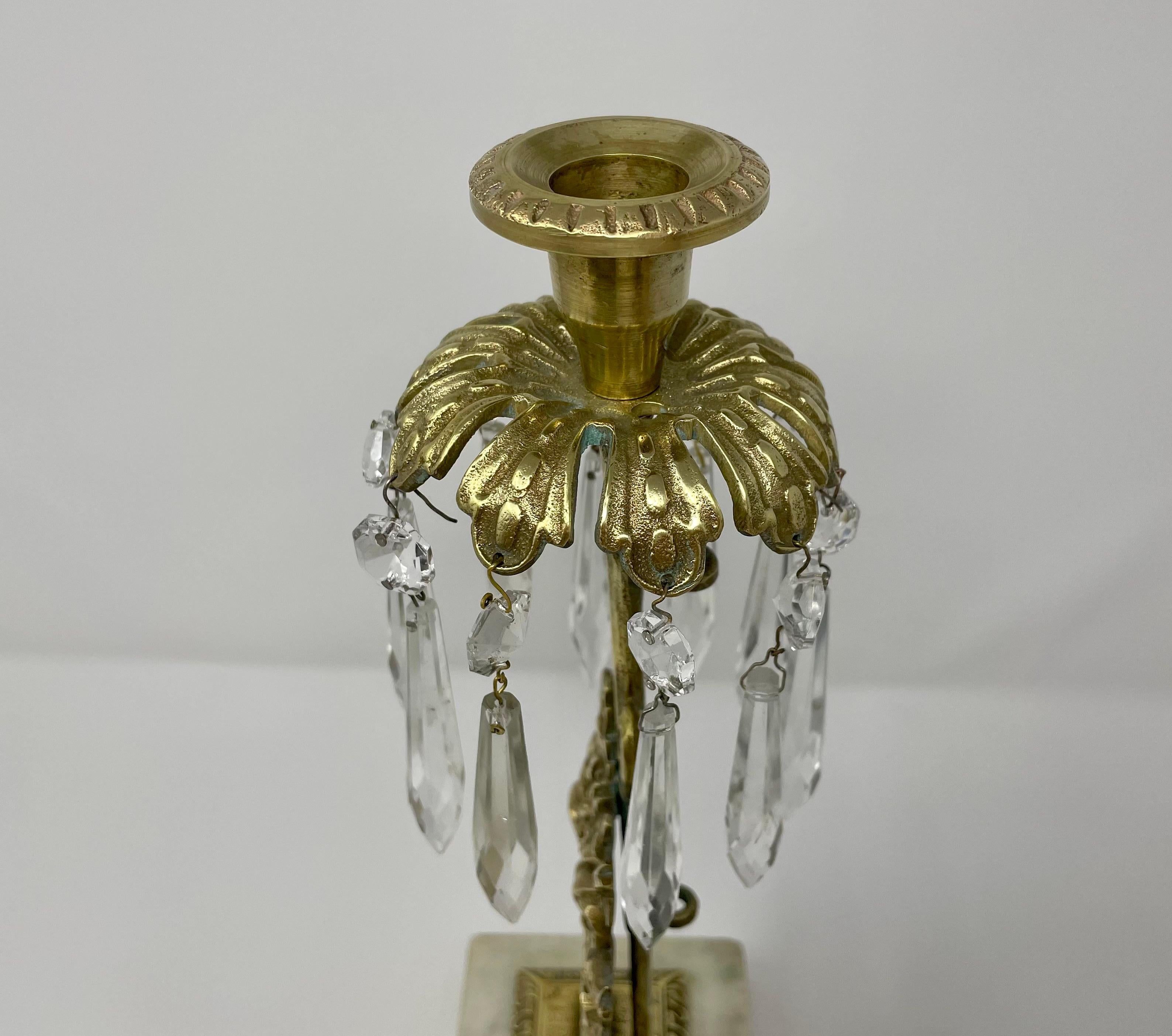 Pair of Antique American Brass and Crystal Candle Holders circa 1900 For Sale 1