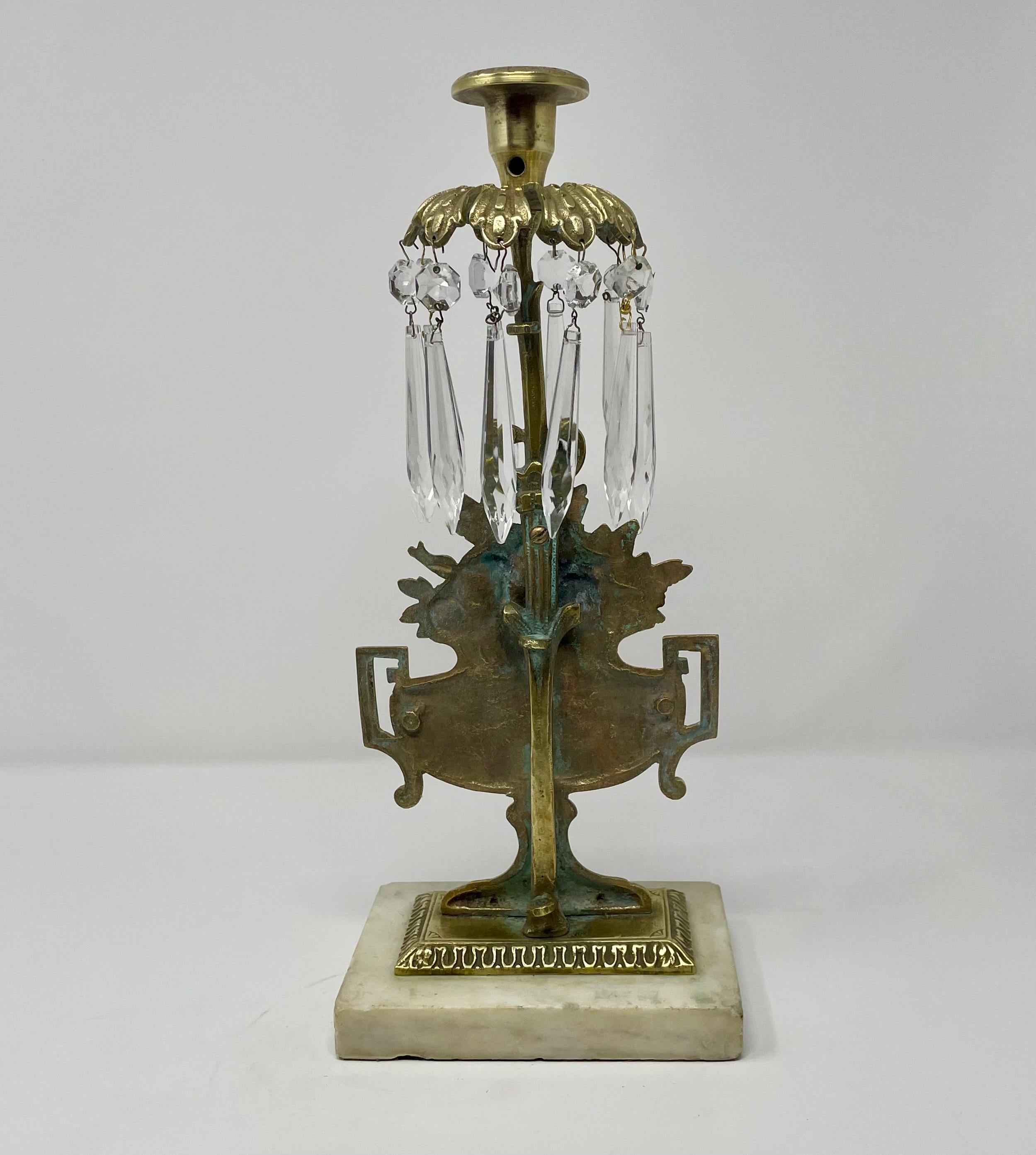 Pair of Antique American Brass and Crystal Candle Holders circa 1900 For Sale 2