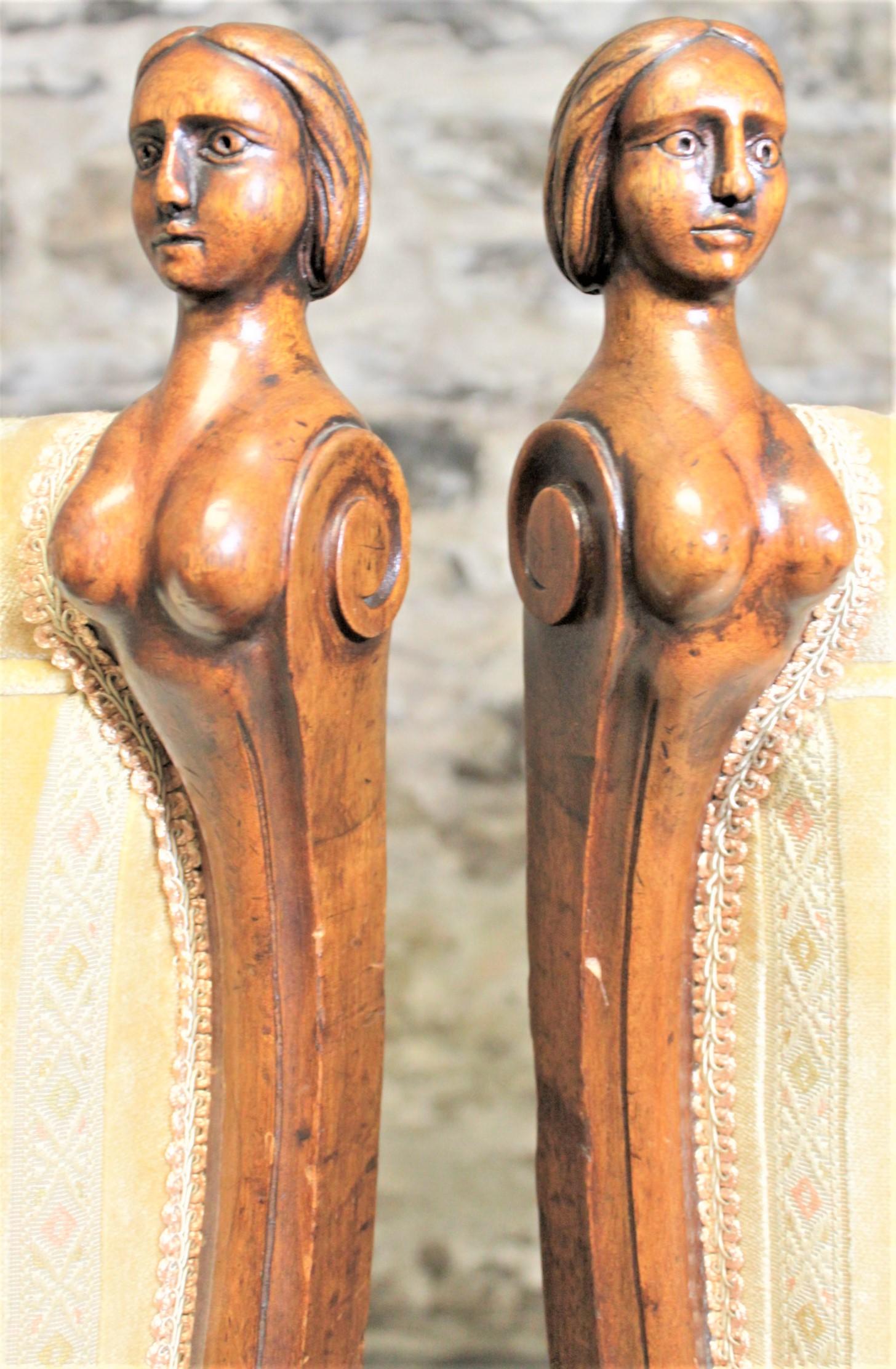 Fabric Pair of Antique American Carved Walnut Parlor Chairs with Erotic Female Accents For Sale