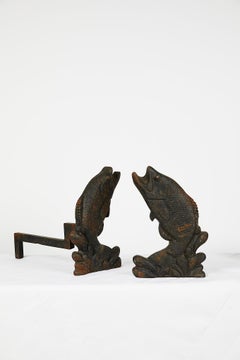 Pair of Antique American Cast Iron Leaping Fish Andirons