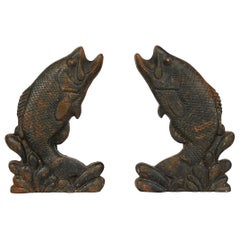 Pair of Antique American Cast Iron Leaping Fish Andirons