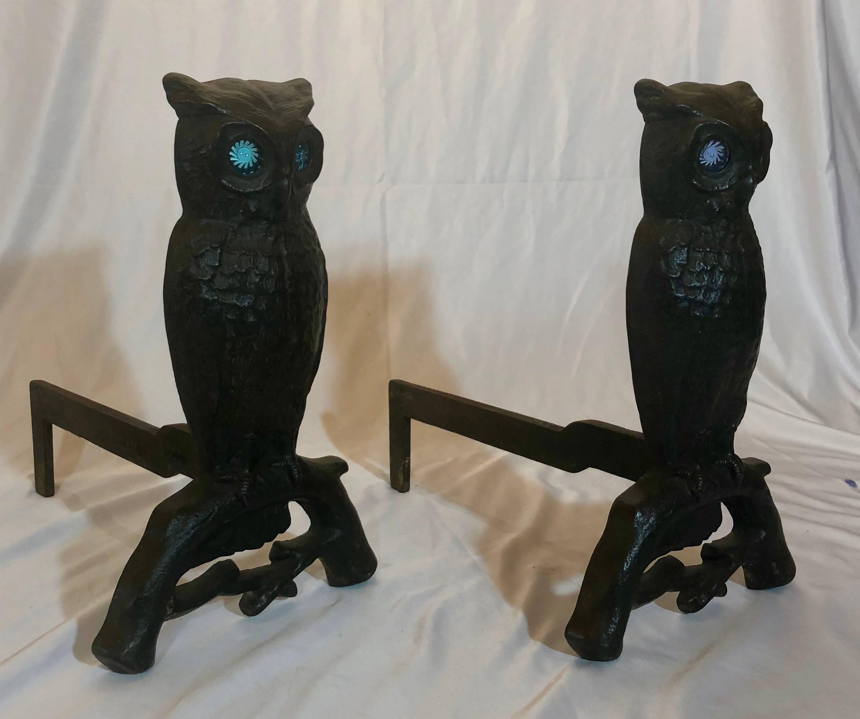 Pair of antique American cast iron owl andirons, circa 1900.