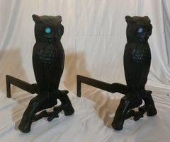 Pair of Antique American Cast Iron Owl Andirons, circa 1900