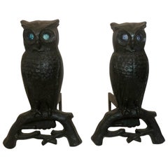 Pair of Antique American Cast Iron Owl Andirons, circa 1900