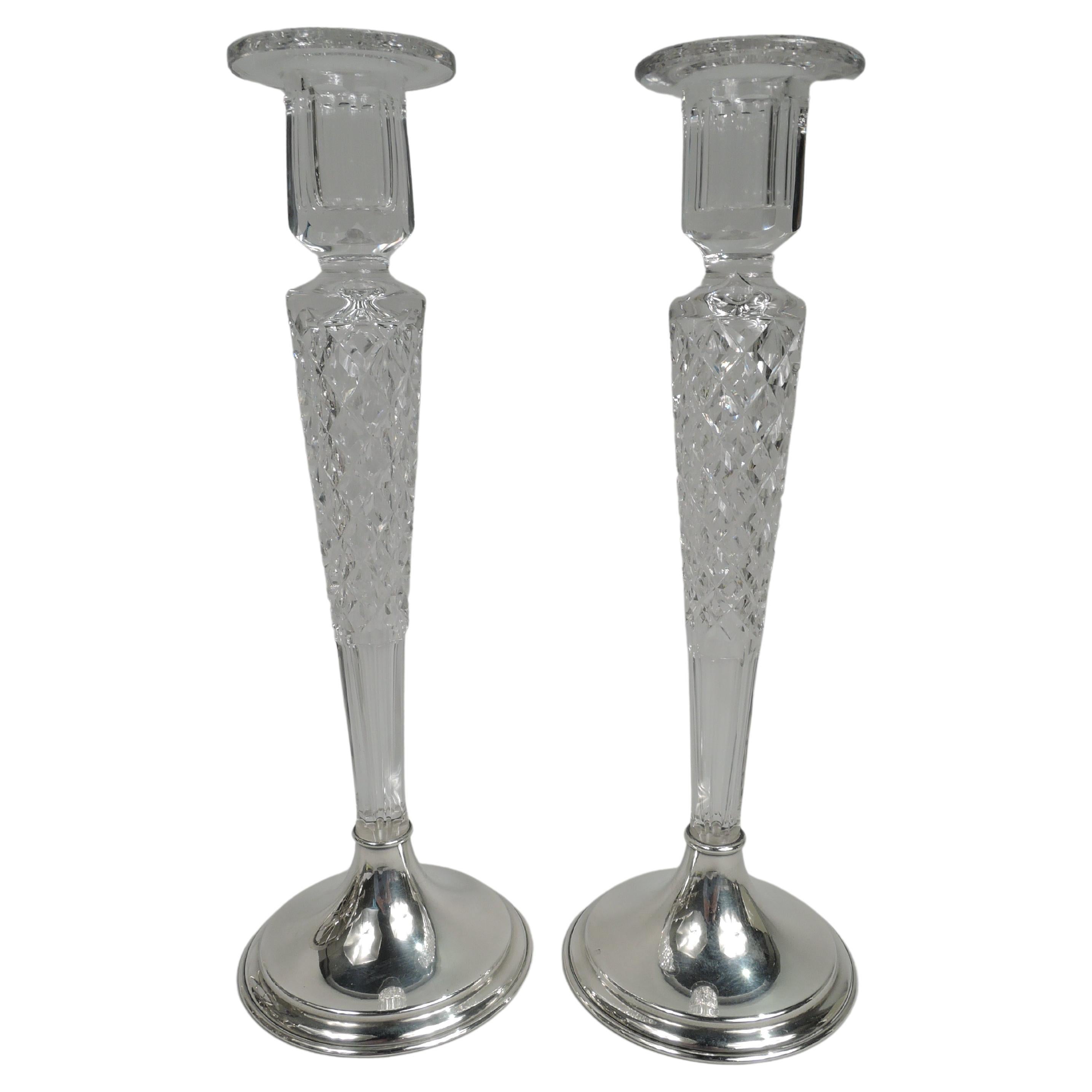 Pair of Antique American Edwardian Glass & Sterling Silver Candlestick