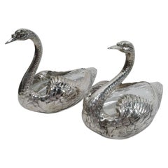 Pair of Antique American Edwardian Sterling Silver and Glass Swans