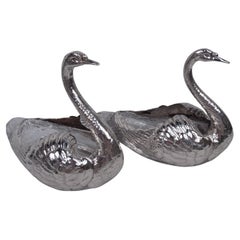 Pair of Antique American Edwardian Sterling Silver and Glass Swans