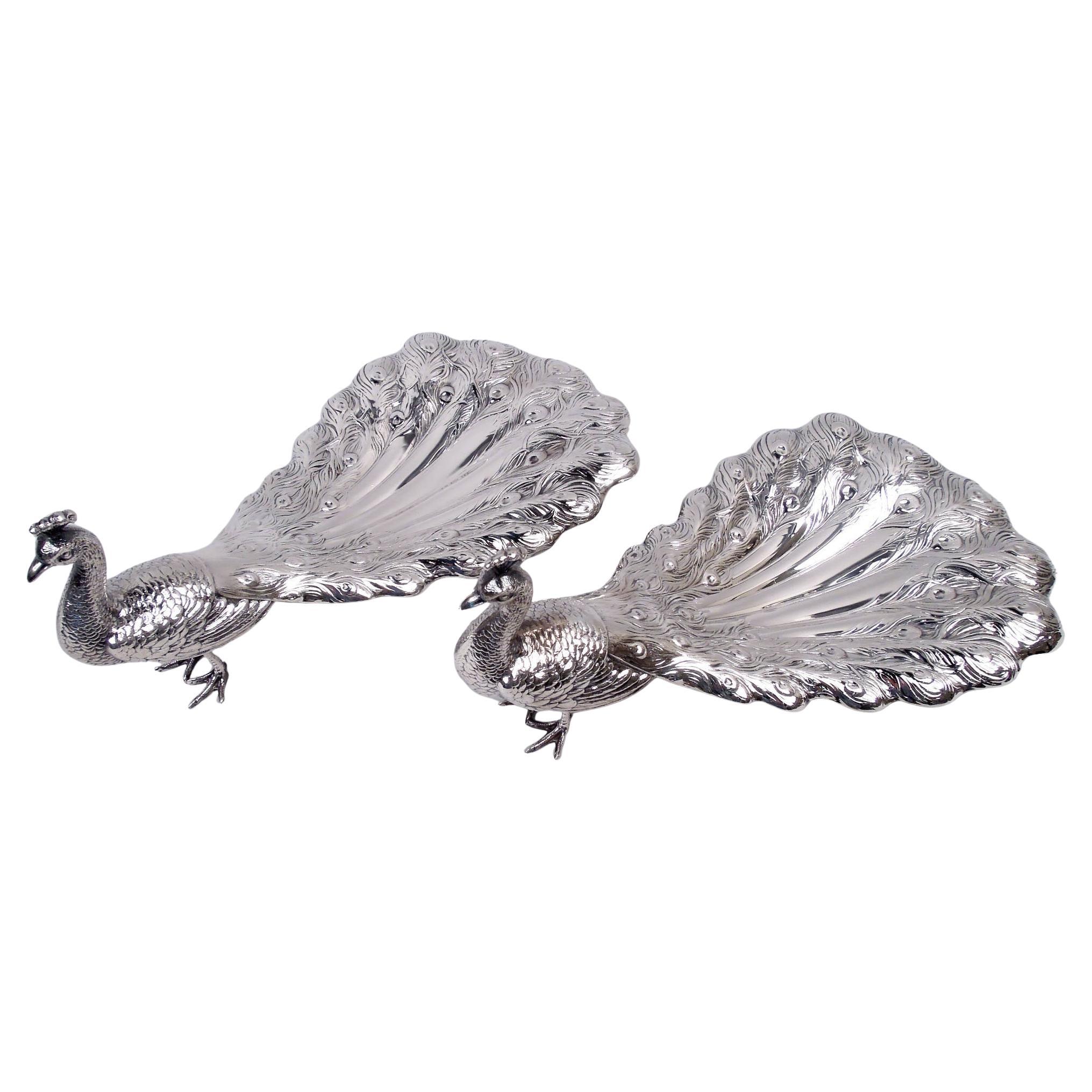 Coppia di antichi pavoni americani edoardiani in argento sterling in vendita