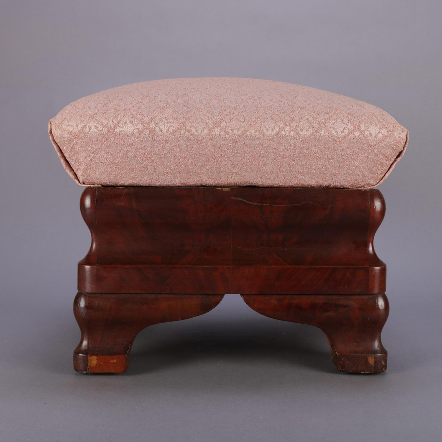 Upholstery Pair of Antique American Empire Ogee Flame Mahogany Footstools with Storage