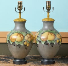 Pair of Antique American Glass Table Lamps with Fruit Motif