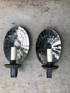 Pair of Antique American Oval Mirrored Sconces, circa 1900