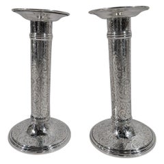 Pair of Antique American Sterling Silver Engraved Column Candlesticks