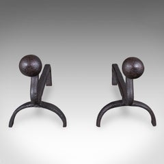 Pair of Antique Andirons, English, Wrought Iron, Fire Dog, Blacksmith, Victorian