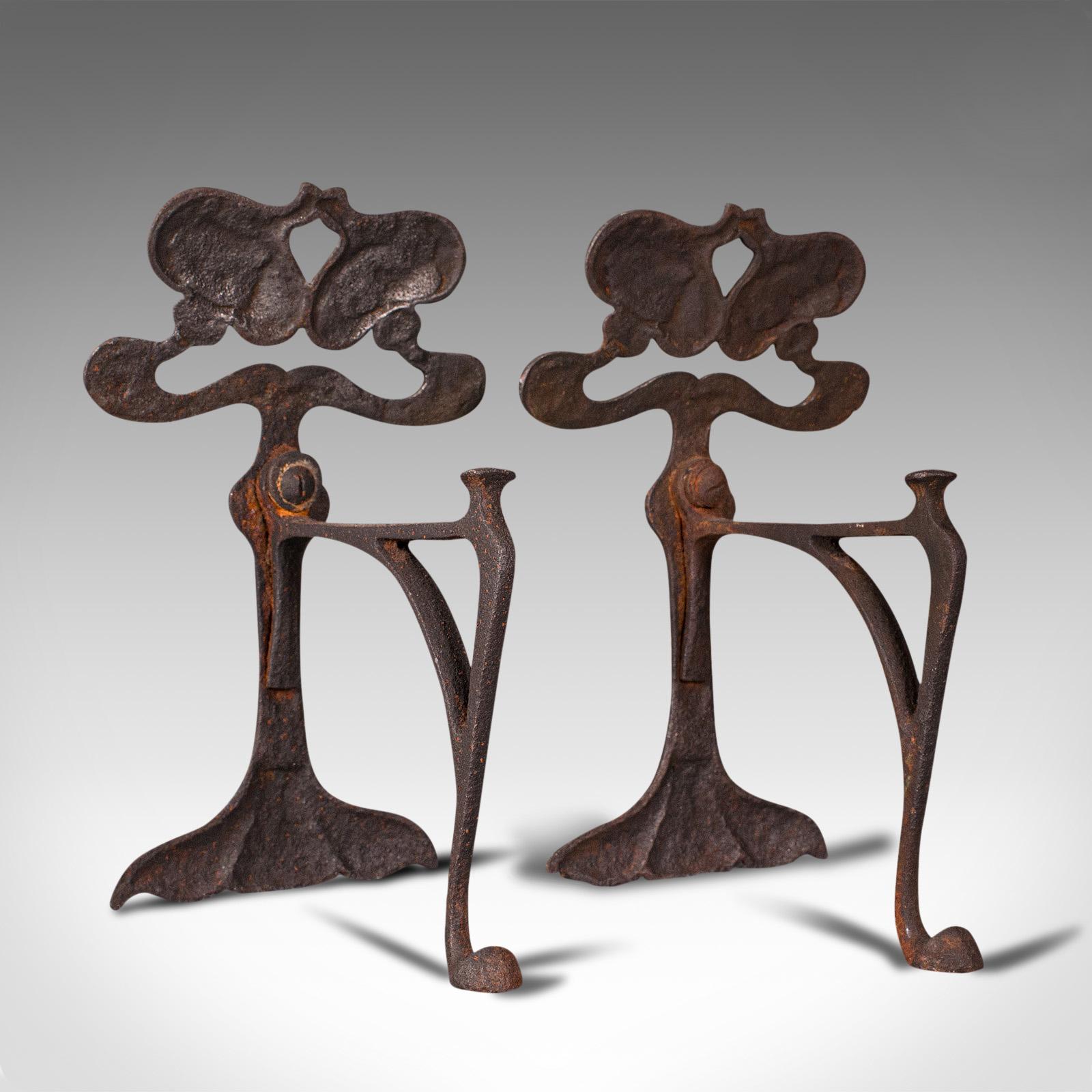 Pair of Antique Andirons, French, Iron, Fire Dogs, Tool Rest, Art Nouveau, 1900 2