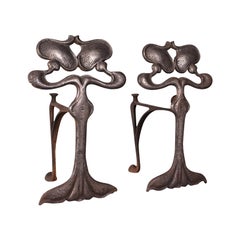 Pair of Antique Andirons, French, Iron, Fire Dogs, Tool Rest, Art Nouveau, 1900