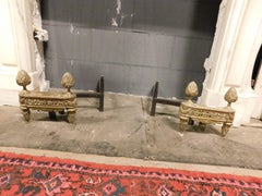 Pair of Antique Andirons in Gilded Bronze Richly Decorated with Pine Cones, '800