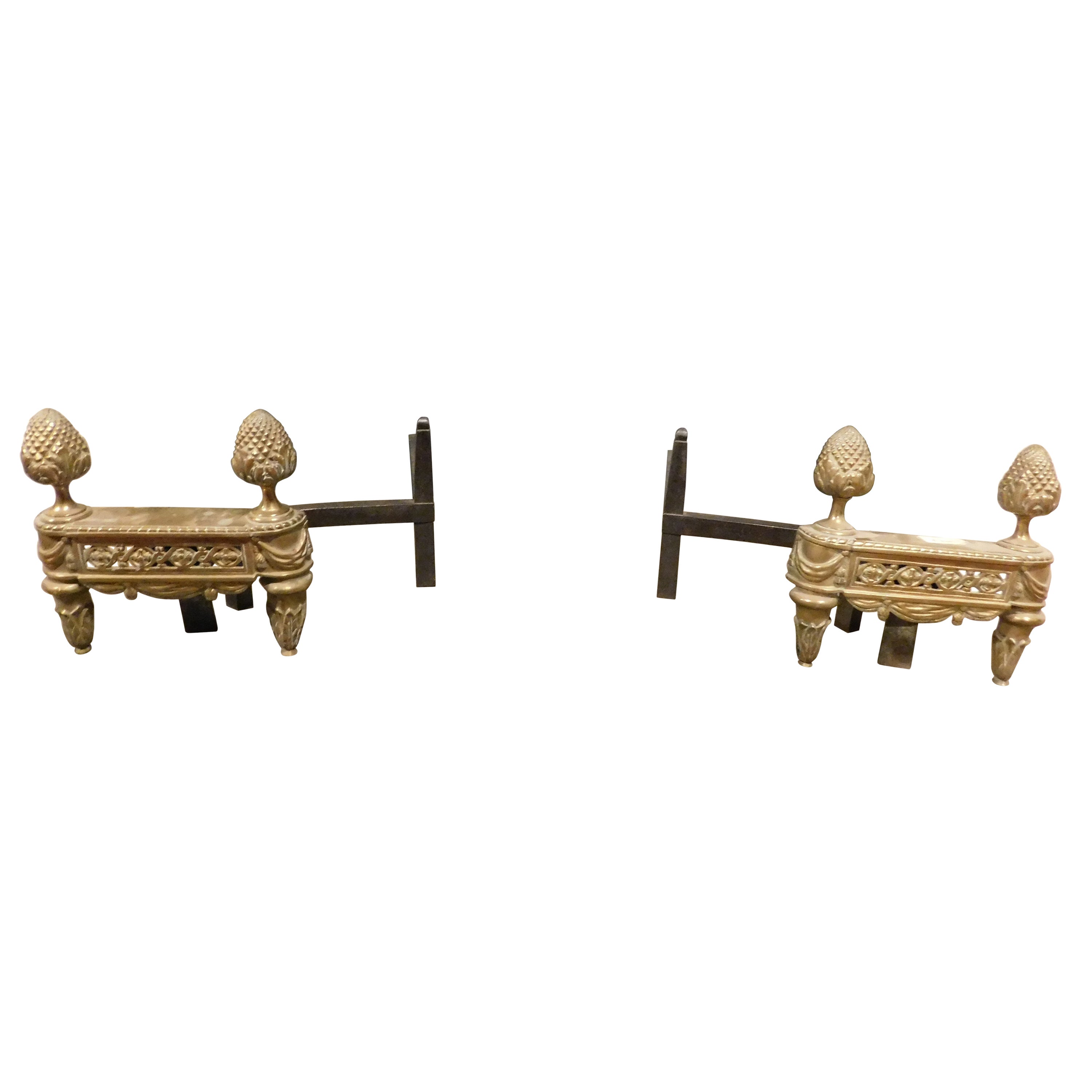 Pair of Antique Andirons in Gilded Bronze Richly Decorated with Pine Cones, '800 For Sale