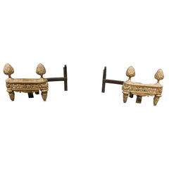 Pair of Antique Andirons in Gilded Bronze Richly Decorated with Pine Cones, '800