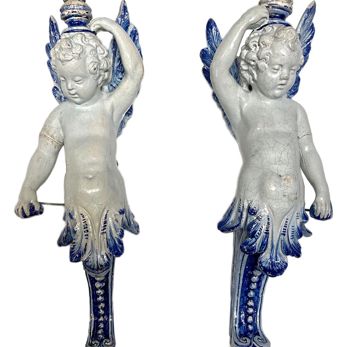 French Pair of Antique Angel Porcelain Sconces For Sale