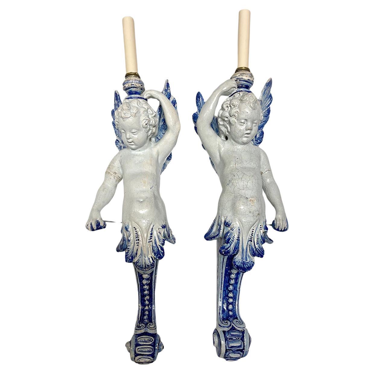 Pair of Antique Angel Porcelain Sconces For Sale