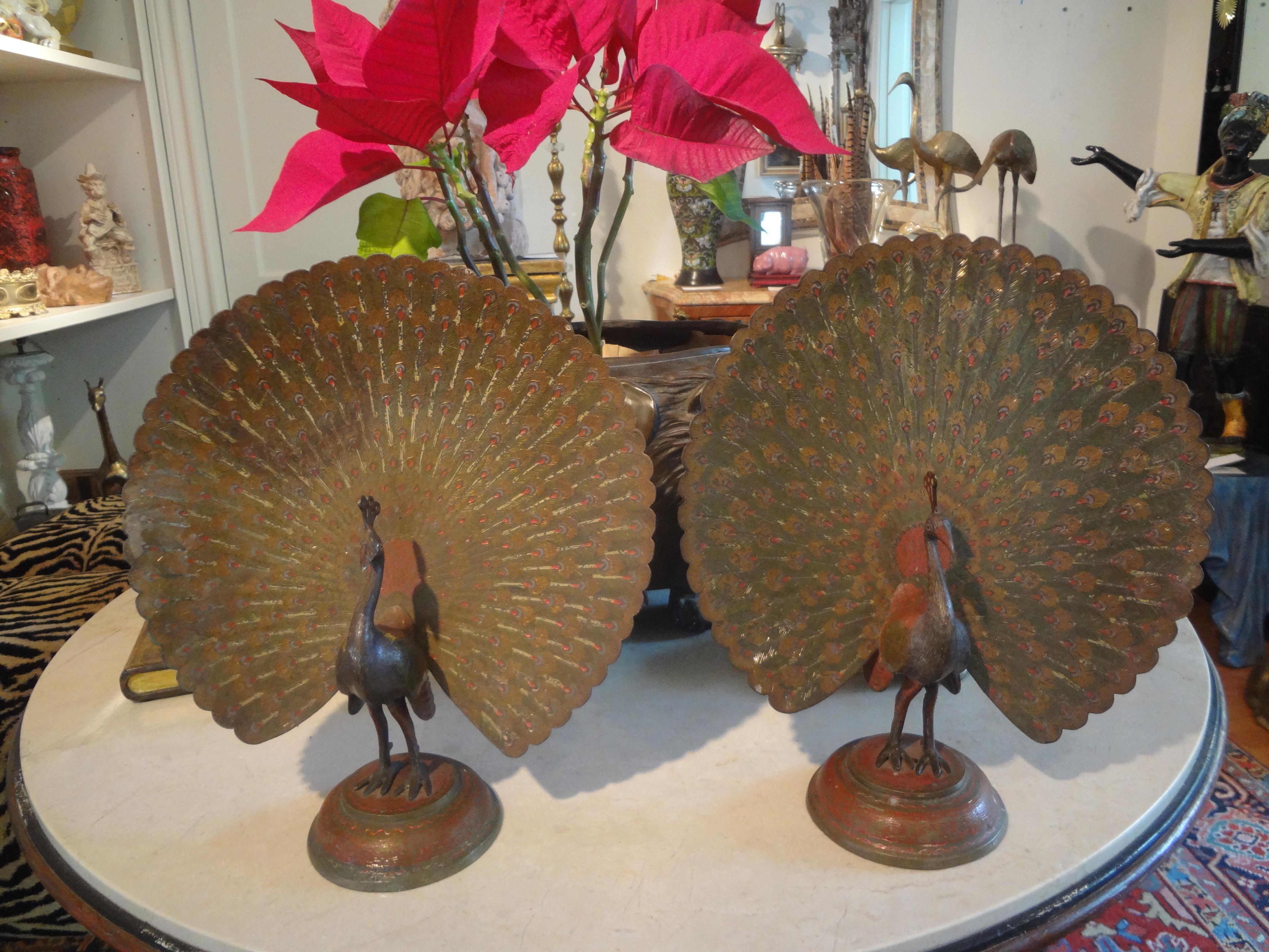 Pair of Antique Anglo-Indian Etched and Polychrome Brass Peacock Figures For Sale 6