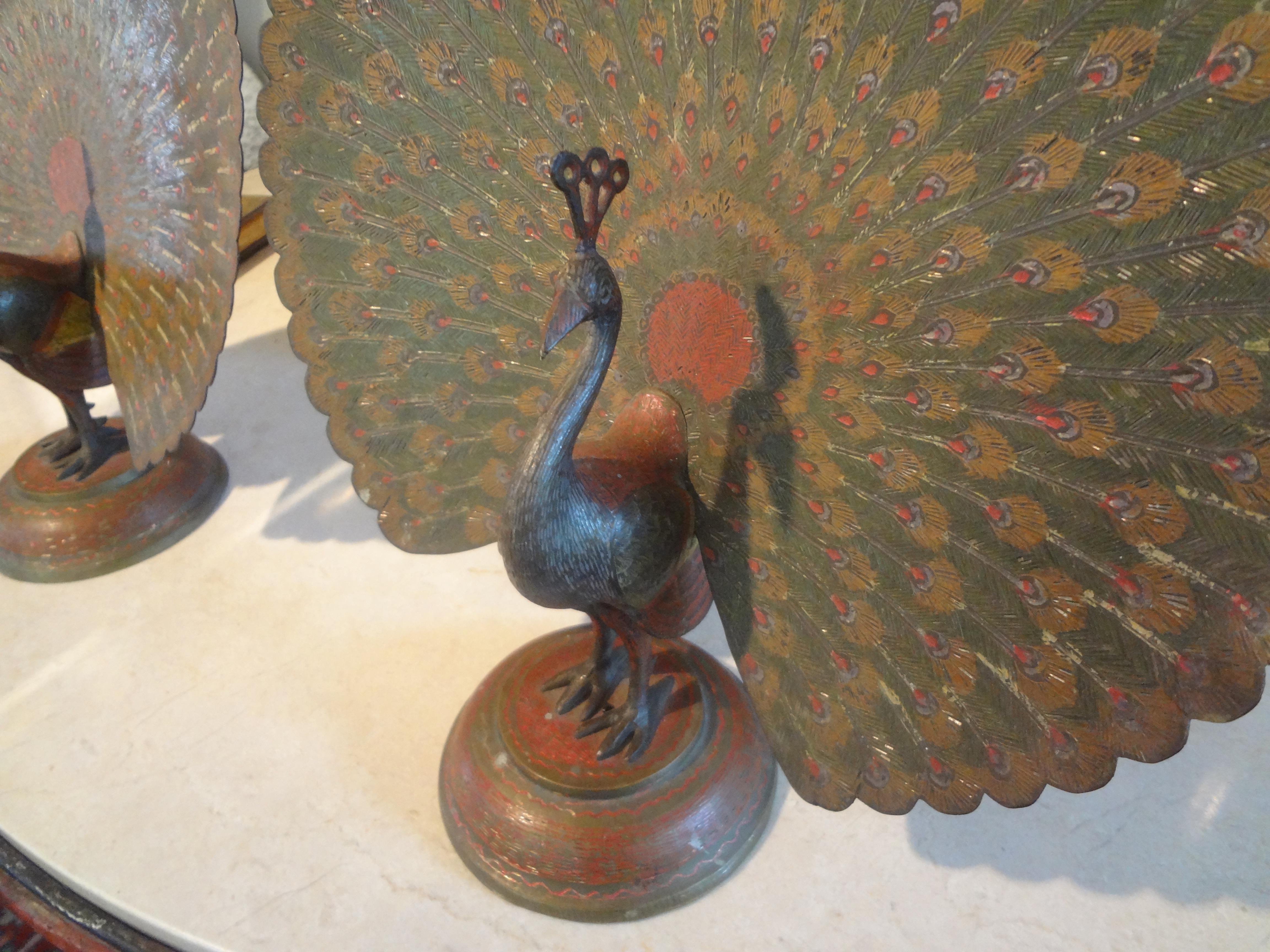 Pair of Antique Anglo-Indian Etched and Polychrome Brass Peacock Figures For Sale 8