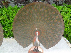 Pair of Antique Anglo-Indian Etched and Polychrome Brass Peacock Figures