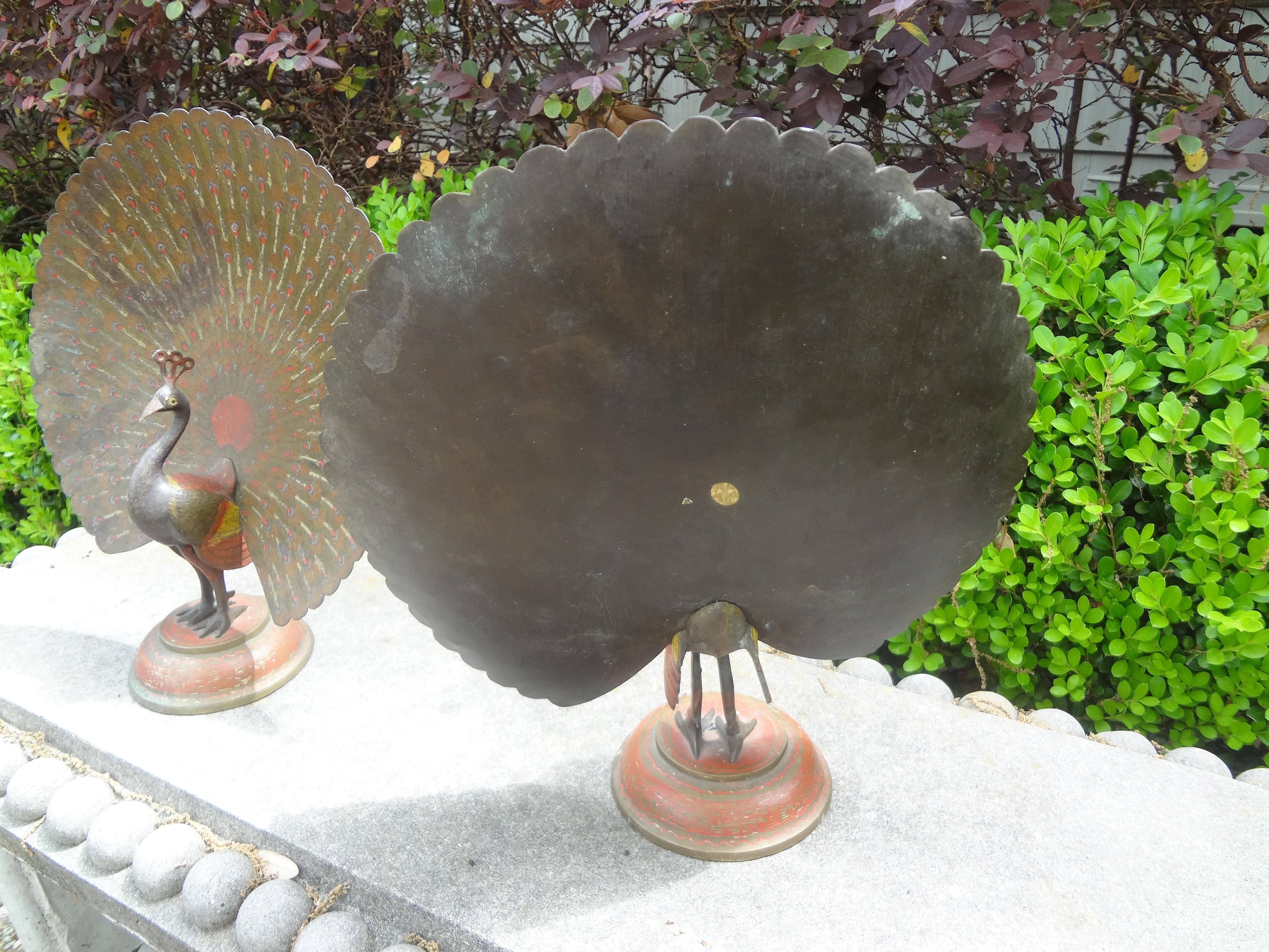 Pair of Antique Anglo-Indian Etched and Polychrome Brass Peacock Figures For Sale 4