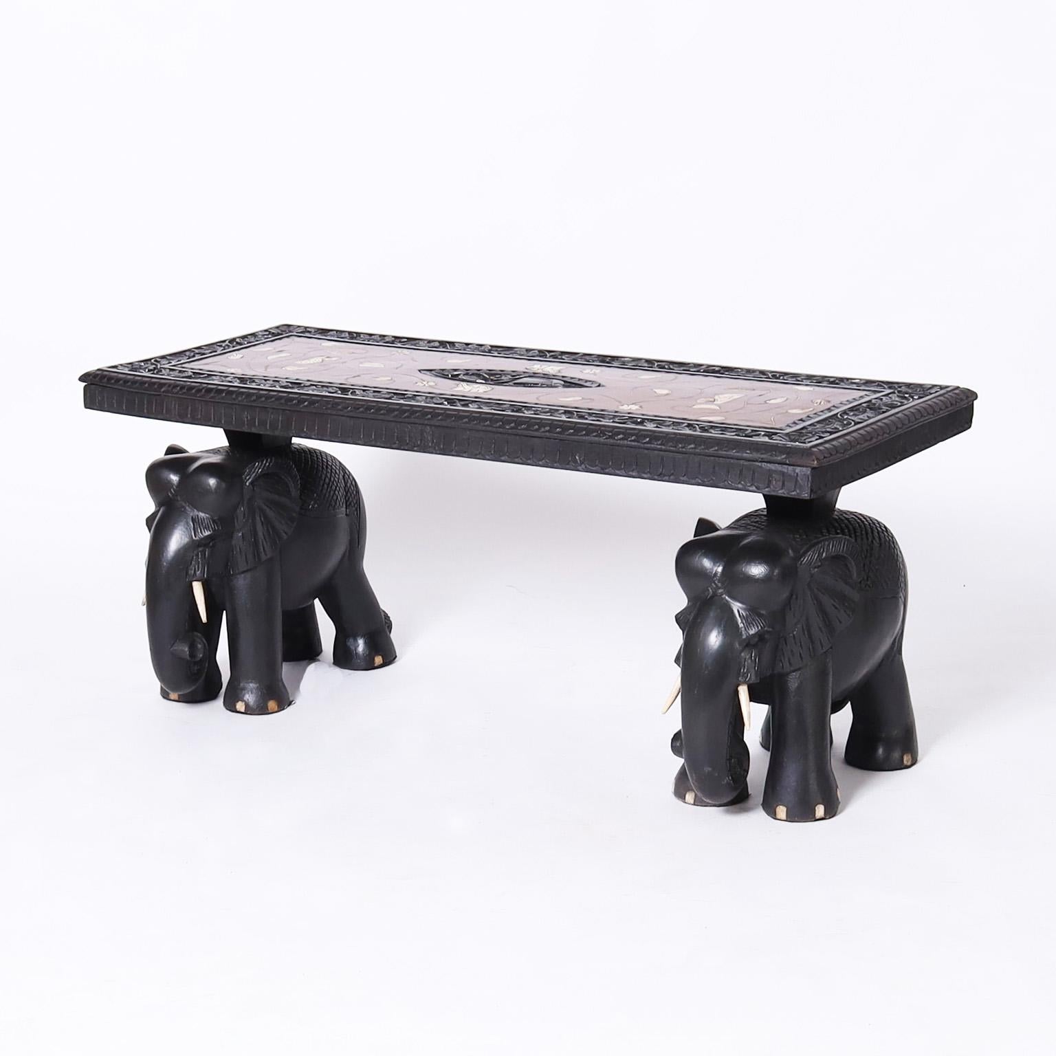 Carved Pair of Antique Anglo Indian Inlaid Tables with Elephants For Sale