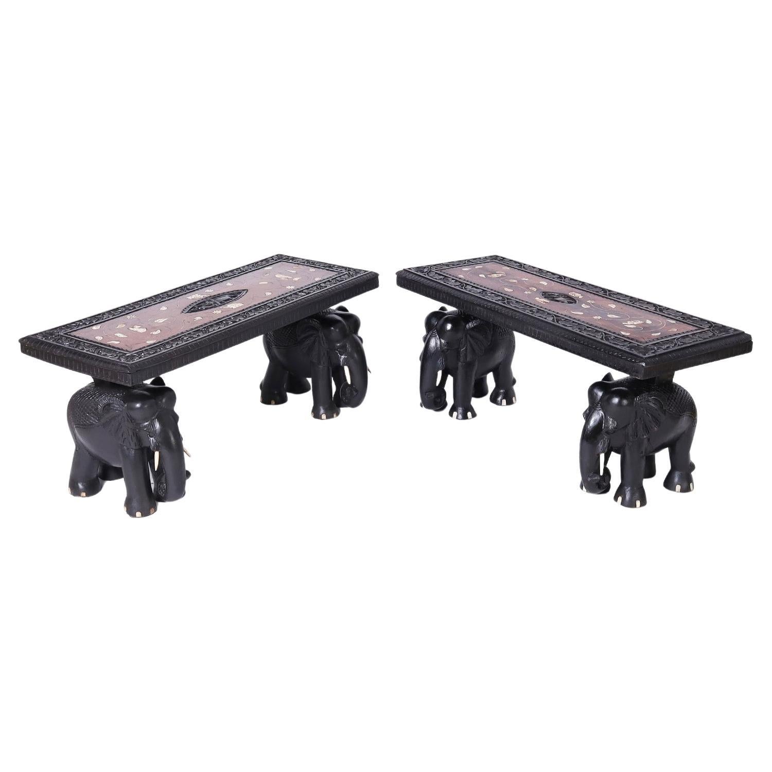 Pair of Antique Anglo Indian Inlaid Tables with Elephants