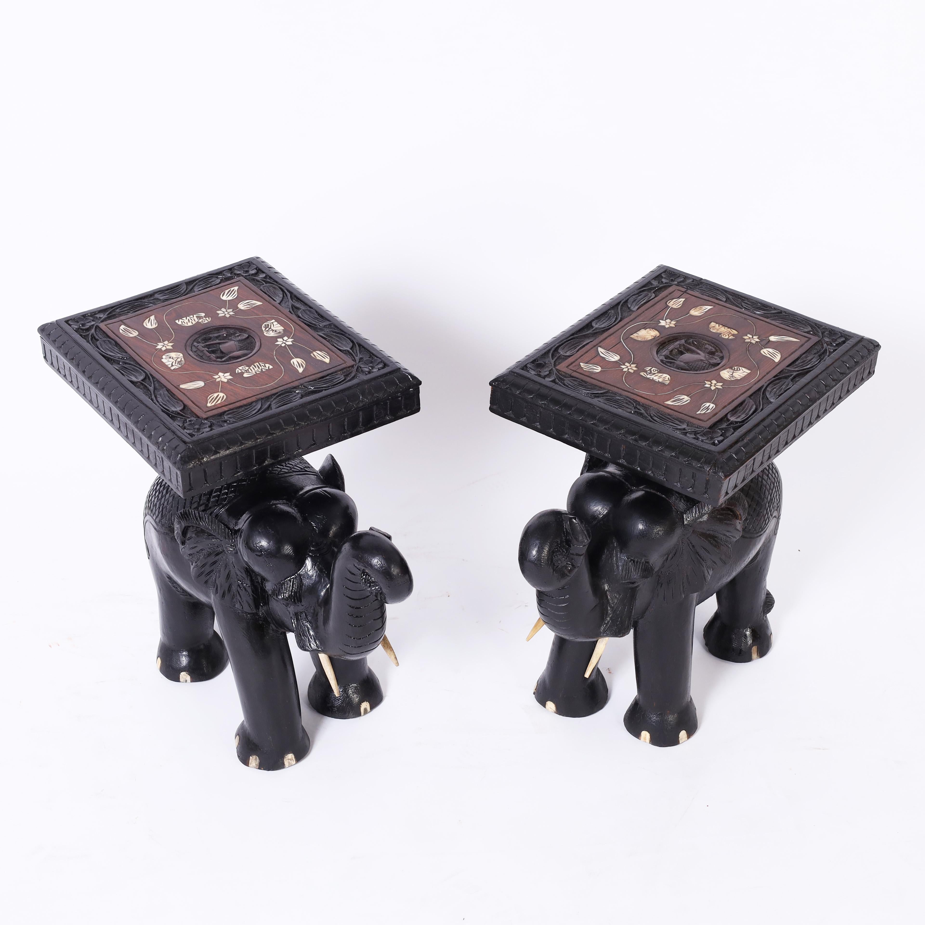 Anglo-Indian Pair of Antique Anglo Indian Teak Carved and Ebonized Elephant Stands or Tables For Sale