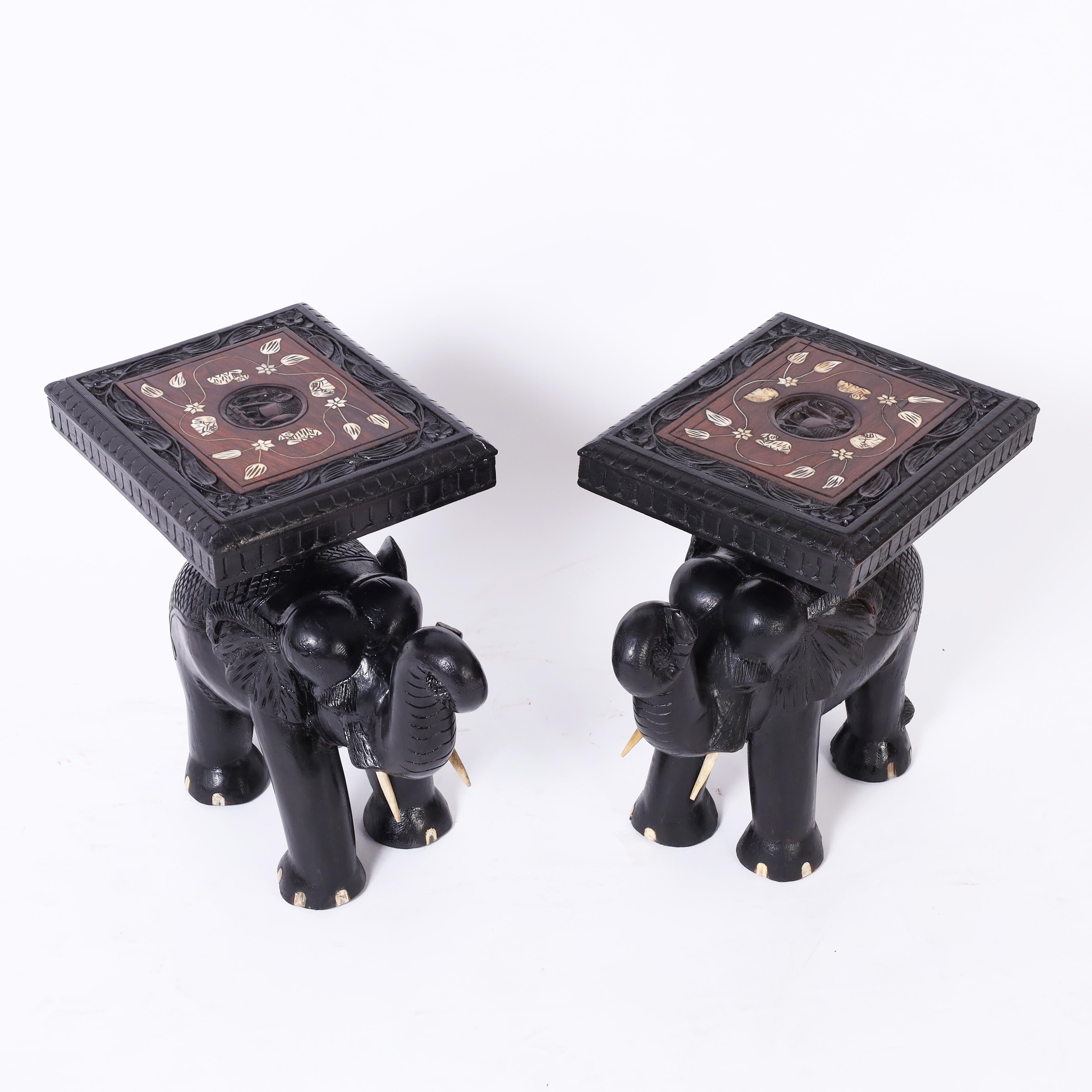Anglo-Indian Pair of Antique Anglo Indian Teak Carved and Ebonized Elephant Stands or Tables
