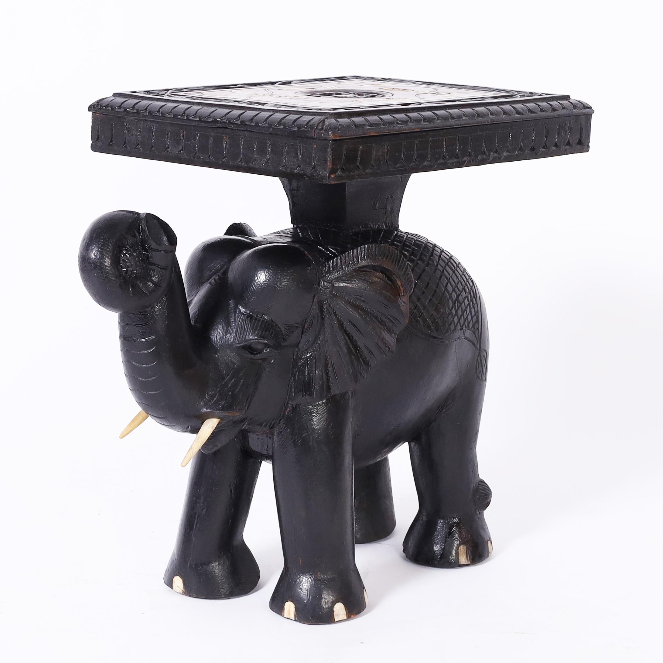 Hand-Carved Pair of Antique Anglo Indian Teak Carved and Ebonized Elephant Stands or Tables For Sale